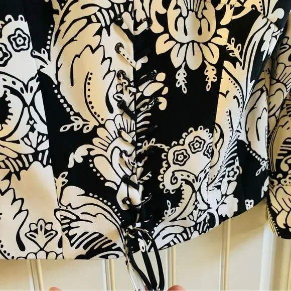 Marciano Black & White Paisley Corset Tie Back Cropped Silk Blazer | Size 4 - Picture 6 of 12